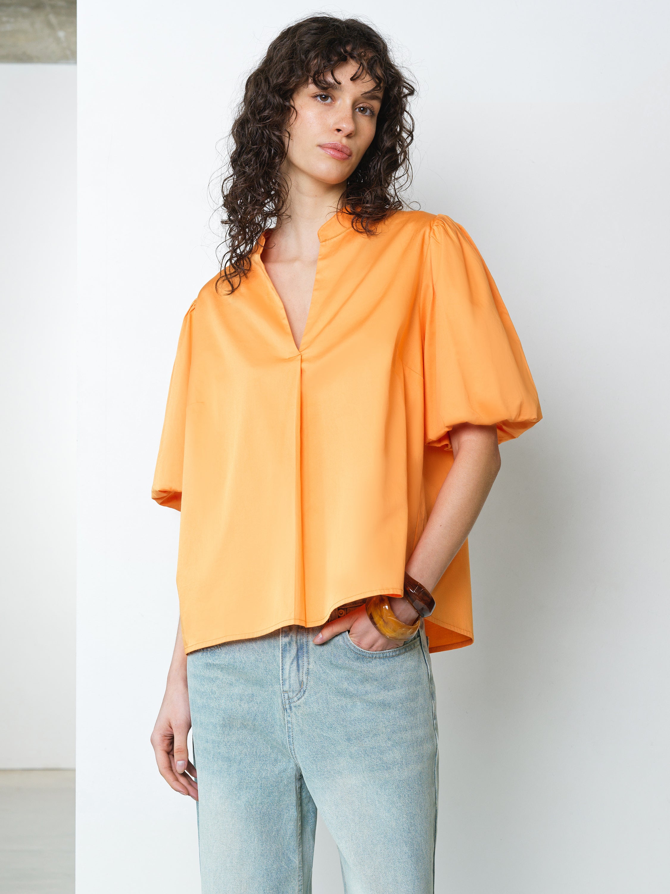 Sindey Cotton Puff Sleeve Orange Popover Shirt Apricot Orange