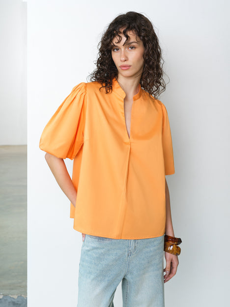 Sindey Cotton Puff Sleeve Orange Popover Shirt