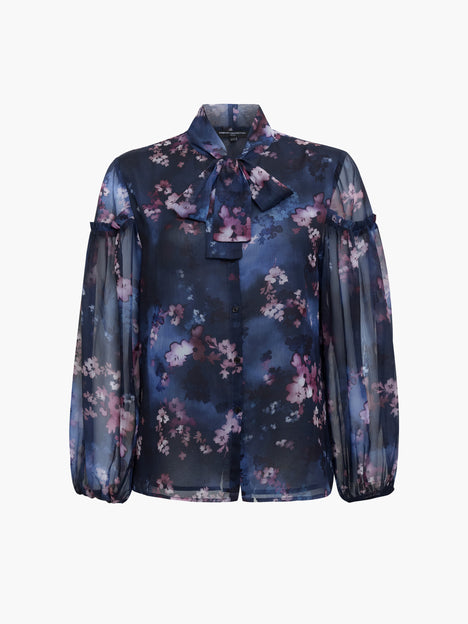 Clara Sheer Bow Tie Floral Print Long Sleeve Shirt