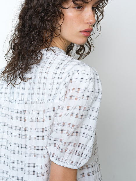 Imme Shadow Check Puff Sleeve White Popover Shirt
