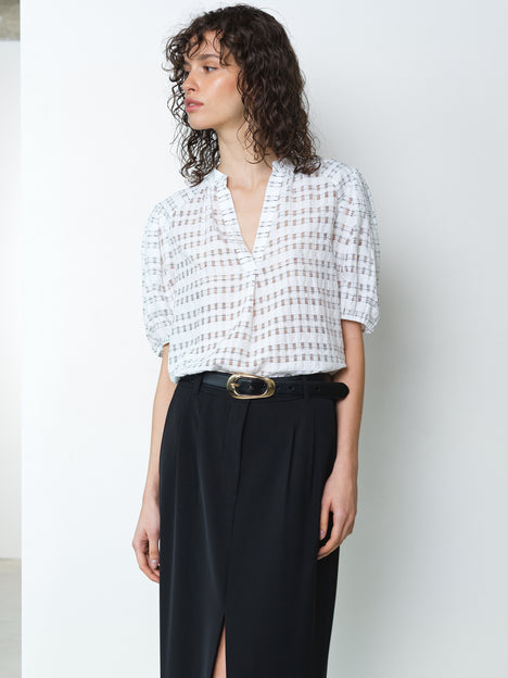 Imme Shadow Check Puff Sleeve White Popover Shirt
