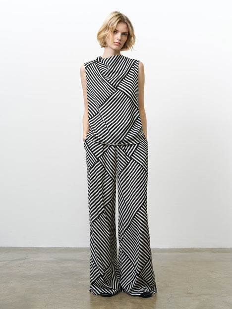 Monochrome Striped Damasco Cowl Neck Tank Top