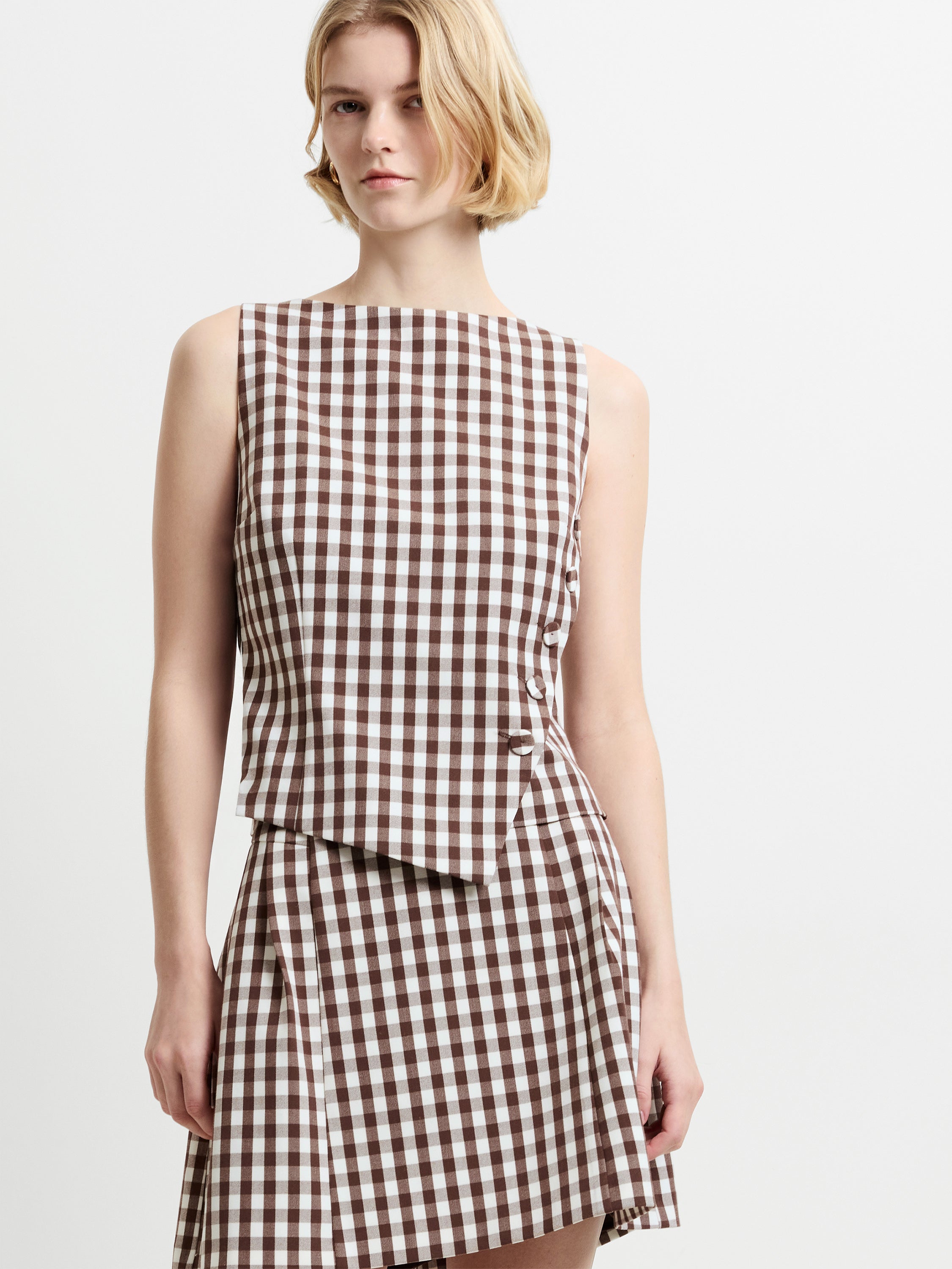 Lexi Tailored Brown Gingham Asymmetric Top