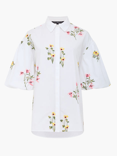 Cotton Floral Embroidered Puff Sleeve White Shirt