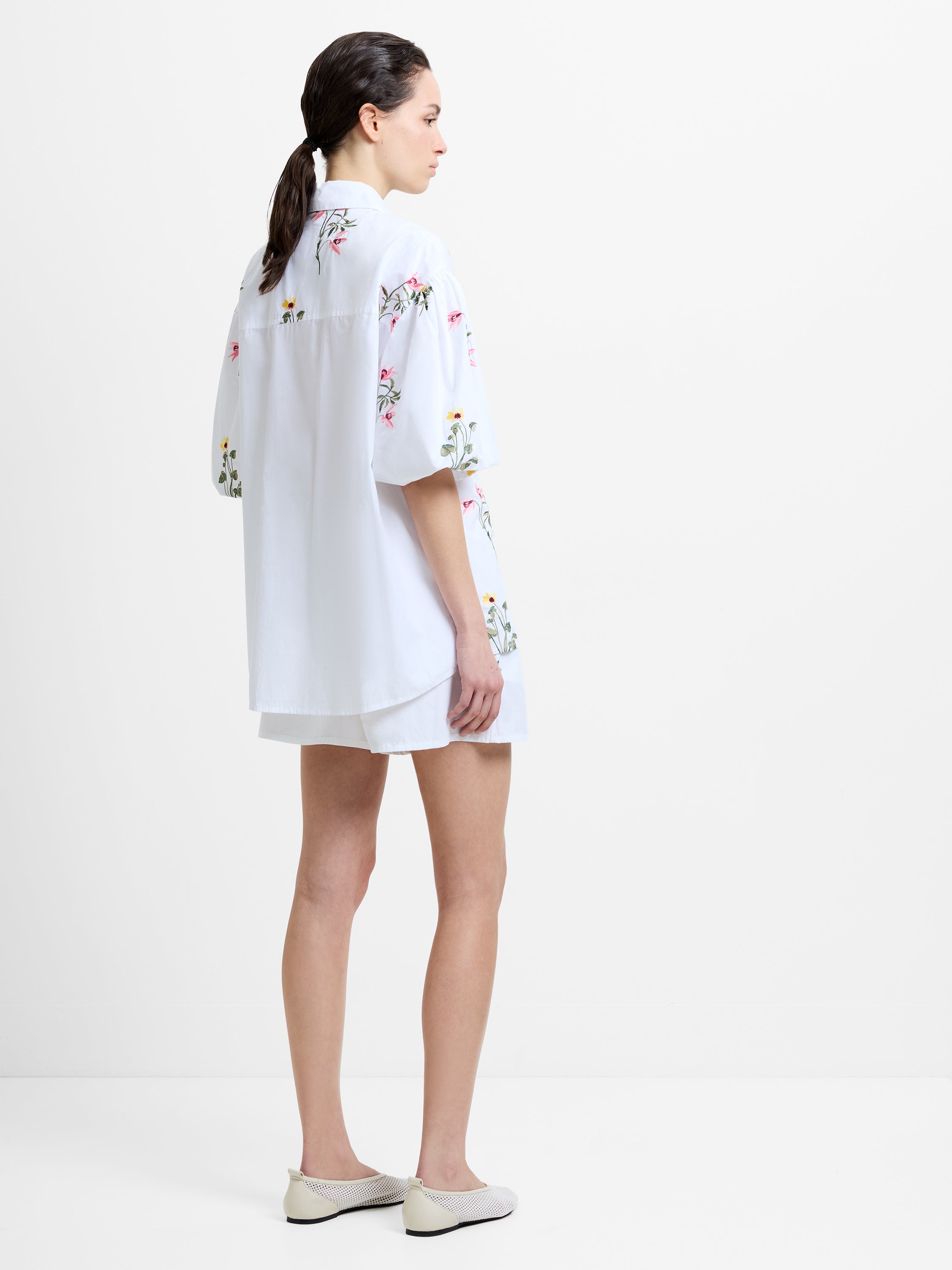 Cambria Cotton Floral Embroidered Puff Sleeve Shirt