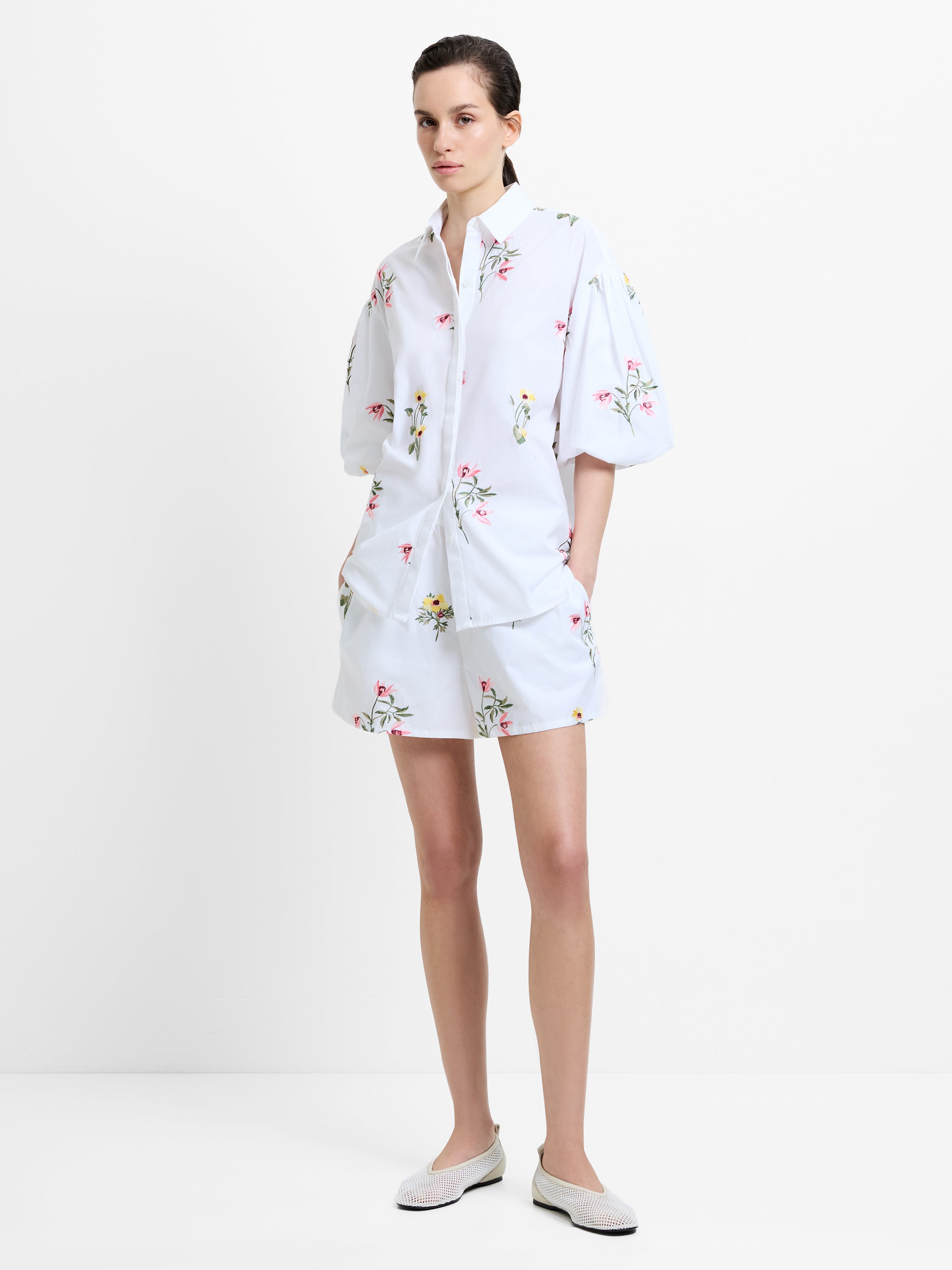Cambria Cotton Floral Embroidered Puff Sleeve Shirt