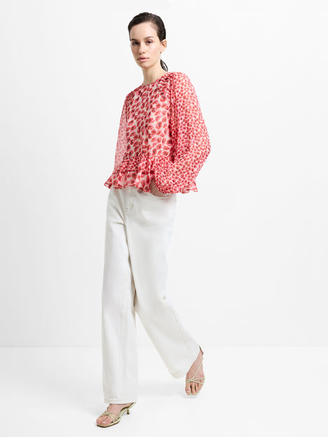 Poppy Semi-Sheer Red Floral Puff Sleeve Peplum Top