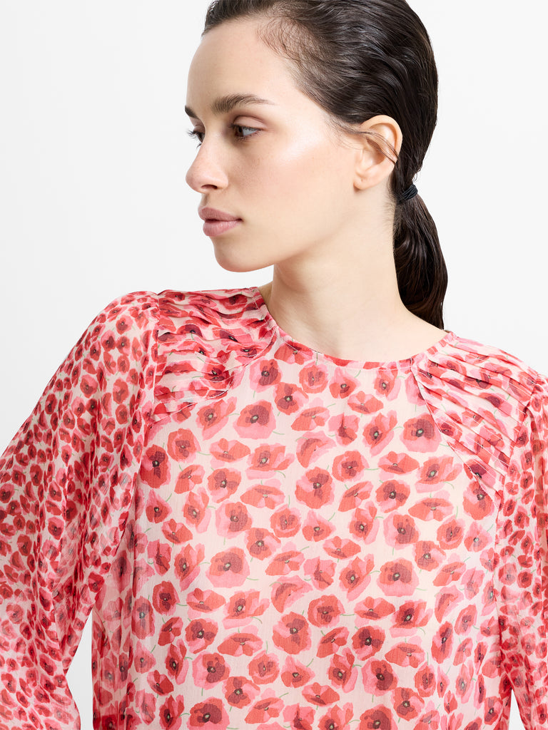 Poppy Semi-Sheer Red Floral Puff Sleeve Peplum Top Red Multi
