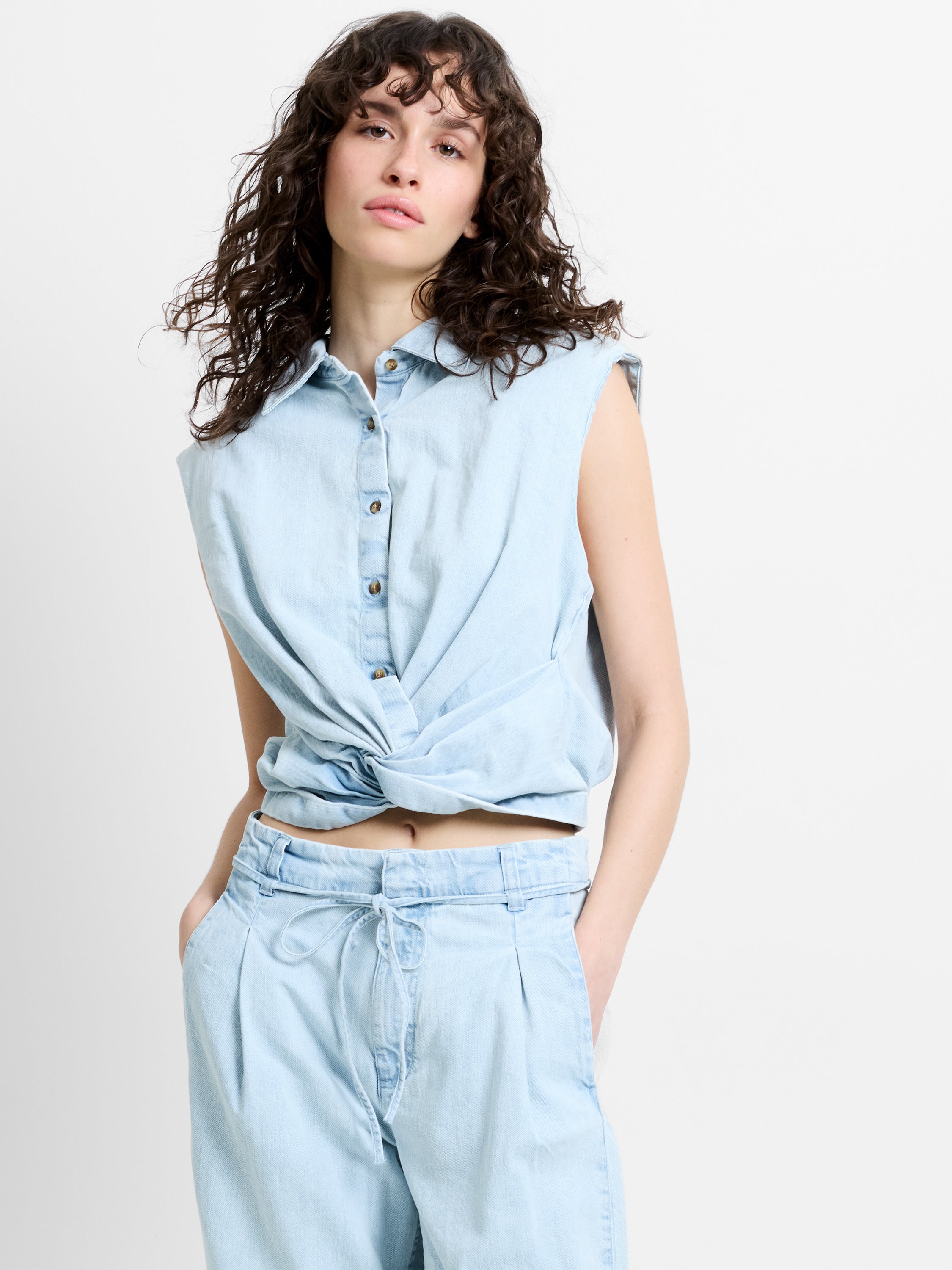 Chess Twist Cropped Light Blue Denim Shirt
