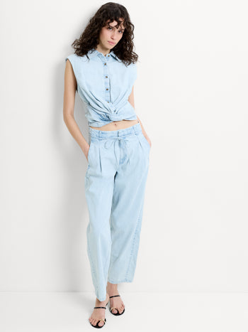 Chess Twist Cropped Light Blue Denim Shirt