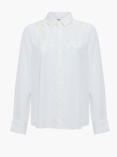 Mila 3D Floral Faux Pearl Long Sleeve White Shirt