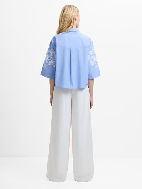 Cambria Cotton Floral Embroidered Blue Shirt