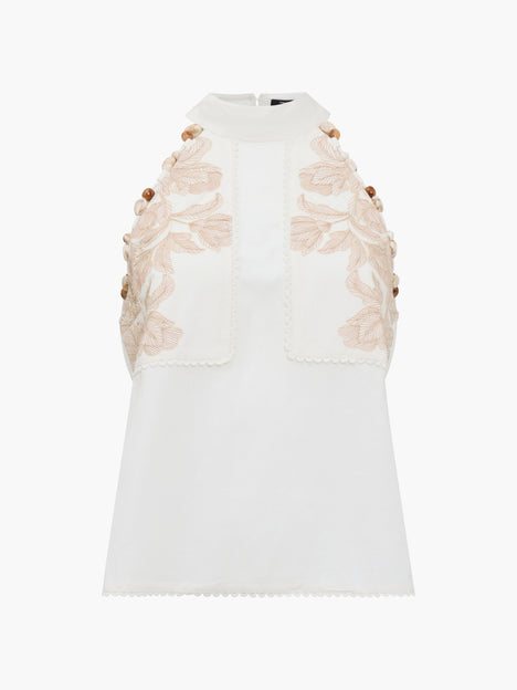 Calissa Embroidered Beaded Cream Halterneck Top
