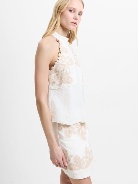 Calissa Embroidered Beaded Cream Halterneck Top