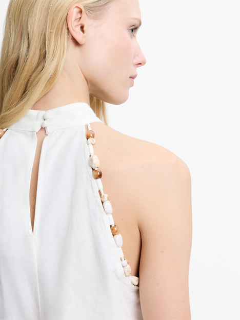 Calissa Embroidered Beaded Cream Halterneck Top