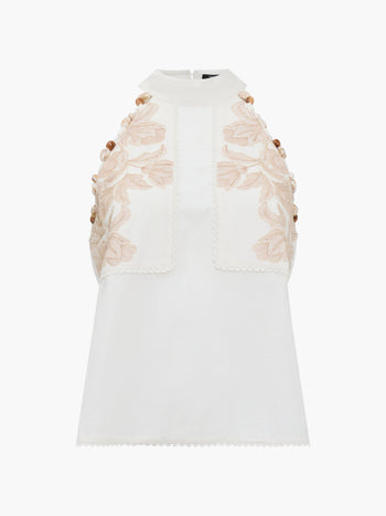 Calissa Embroidered Beaded Cream Halterneck Top