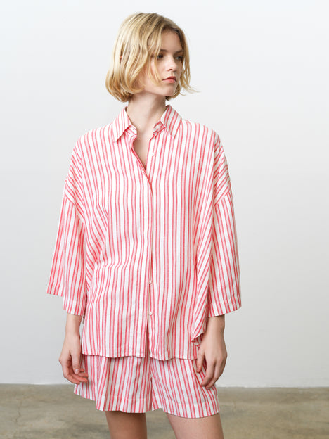 Cheryl Linen Blend Striped Long Sleeve Pink Shirt