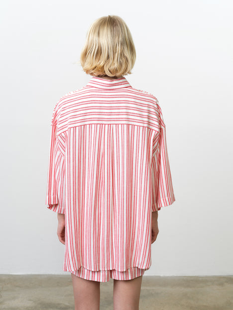 Cheryl Linen Blend Striped Long Sleeve Pink Shirt