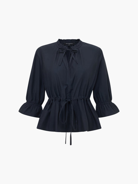 Era Poplin Ruffle Collar Drawstring Waist Navy Top