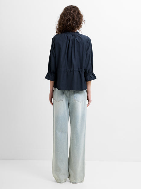 Era Poplin Ruffle Collar Drawstring Waist Navy Top