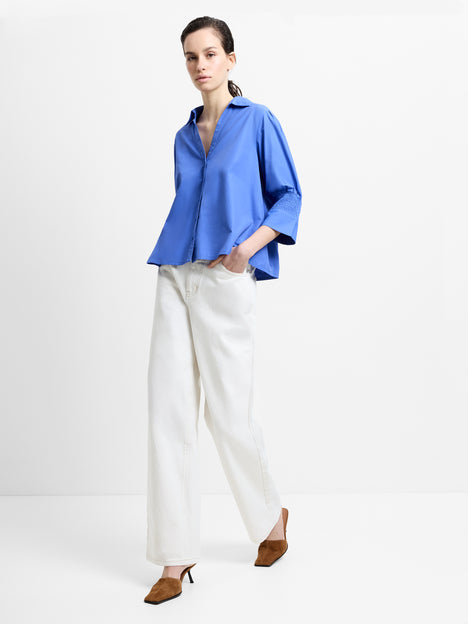 Era Poplin Tie Back V Neck Blue Top