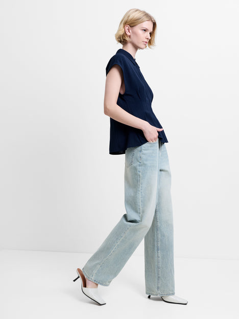 Codie Pleated Button Down Navy Peplum Top