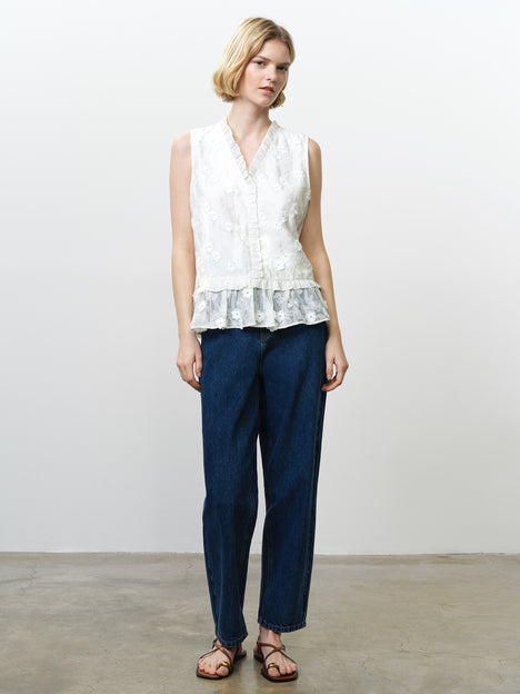 Vani Floral Embroidered Ruffle White Peplum Top