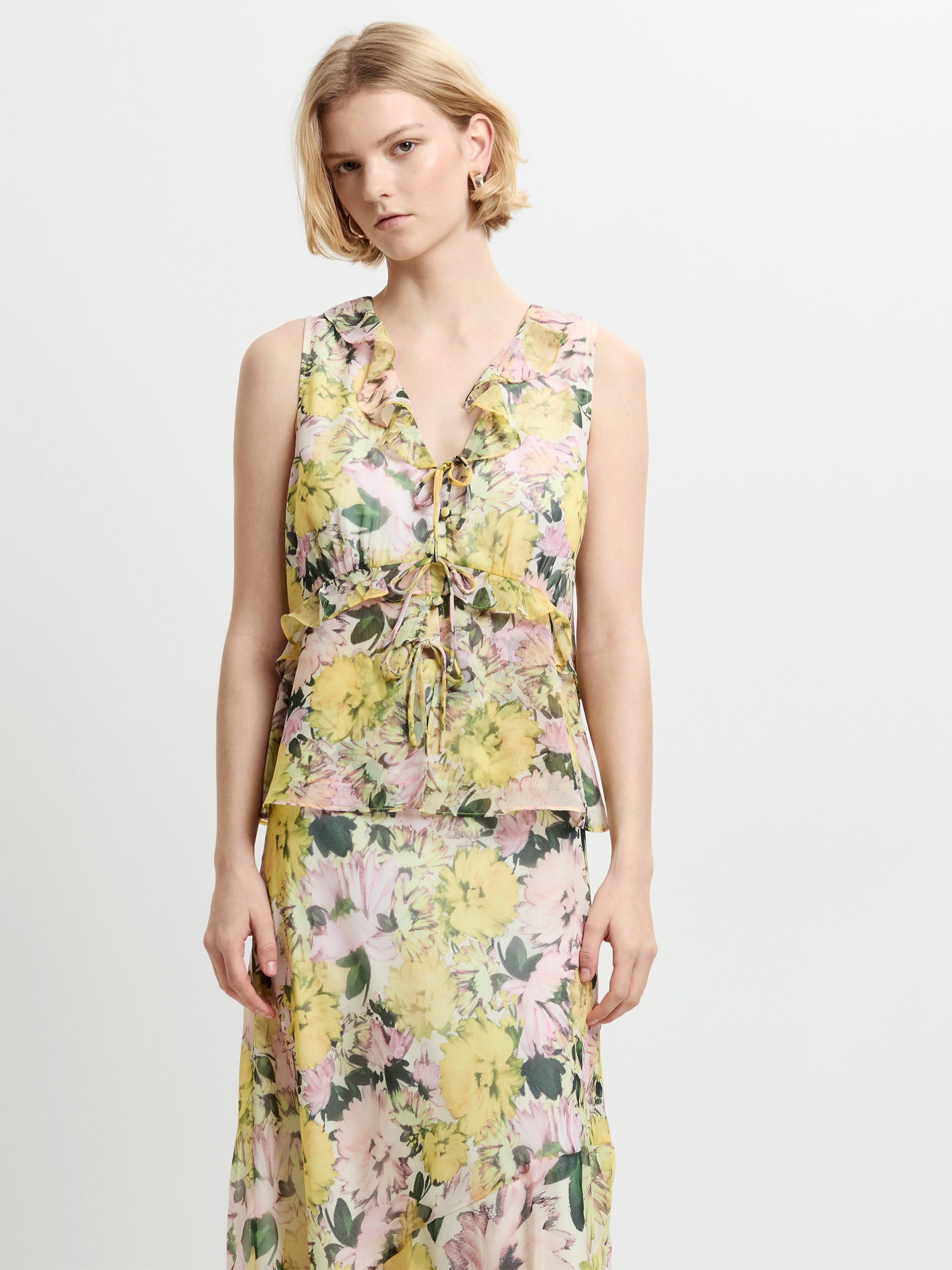 Carla Chiffon Floral Sleeveless Tie Up Top