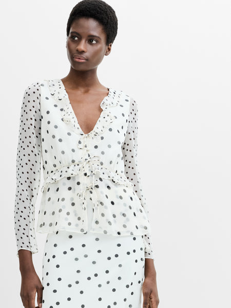 Emina Chiffon Monochrome Polka Dot Ruffle Top Porcelain Cream