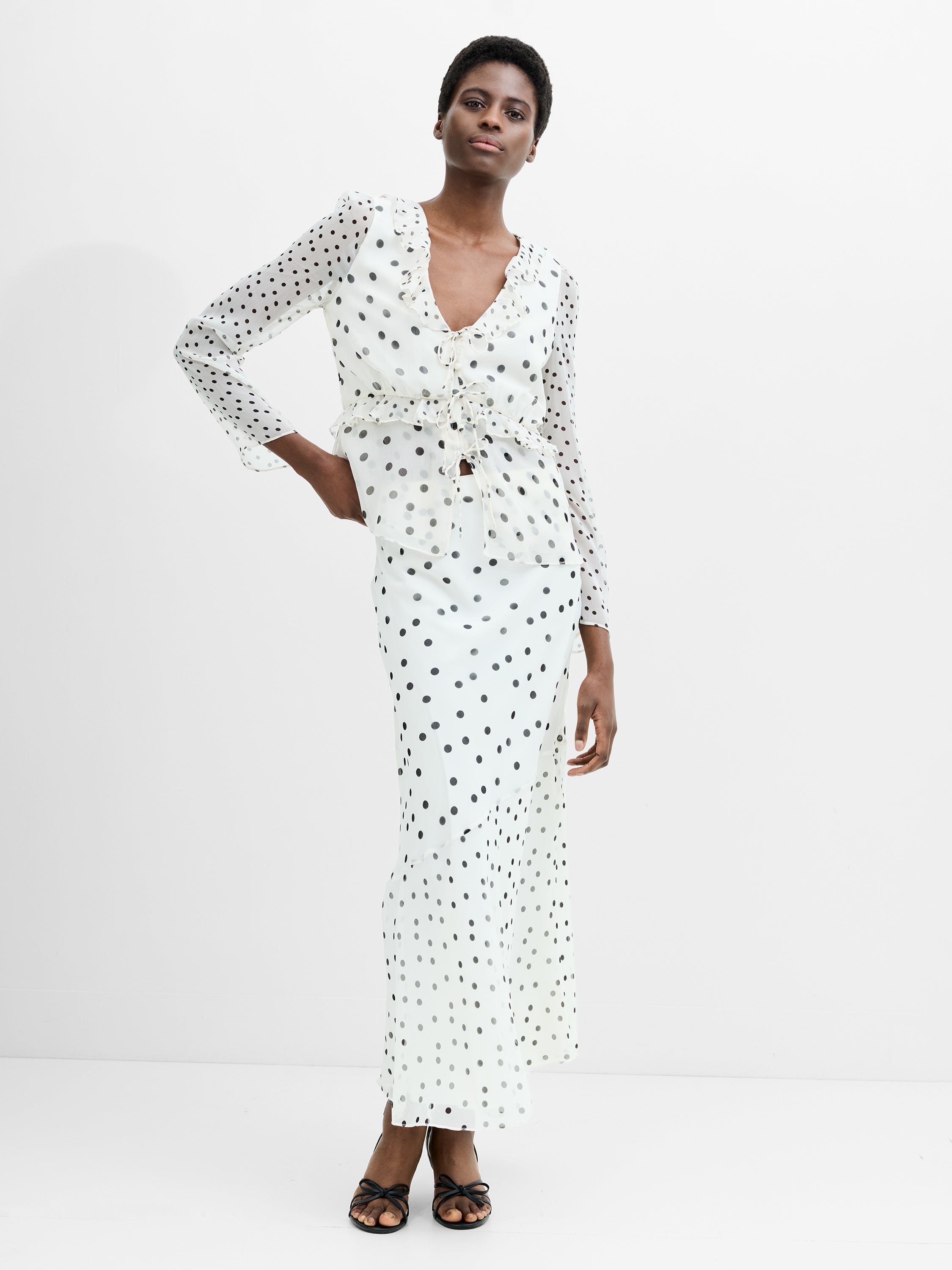 Emina Chiffon Monochrome Polka Dot Ruffle Top Porcelain Cream