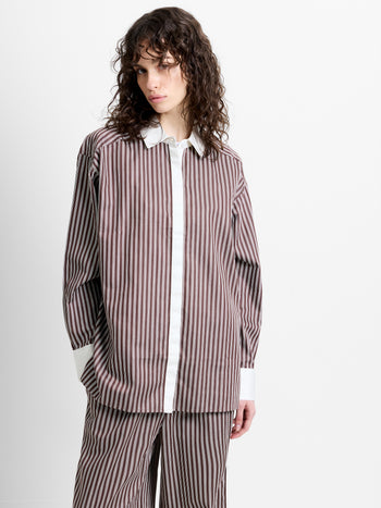 Alexis Poplin Brown Striped Button Down Relaxed Shirt
