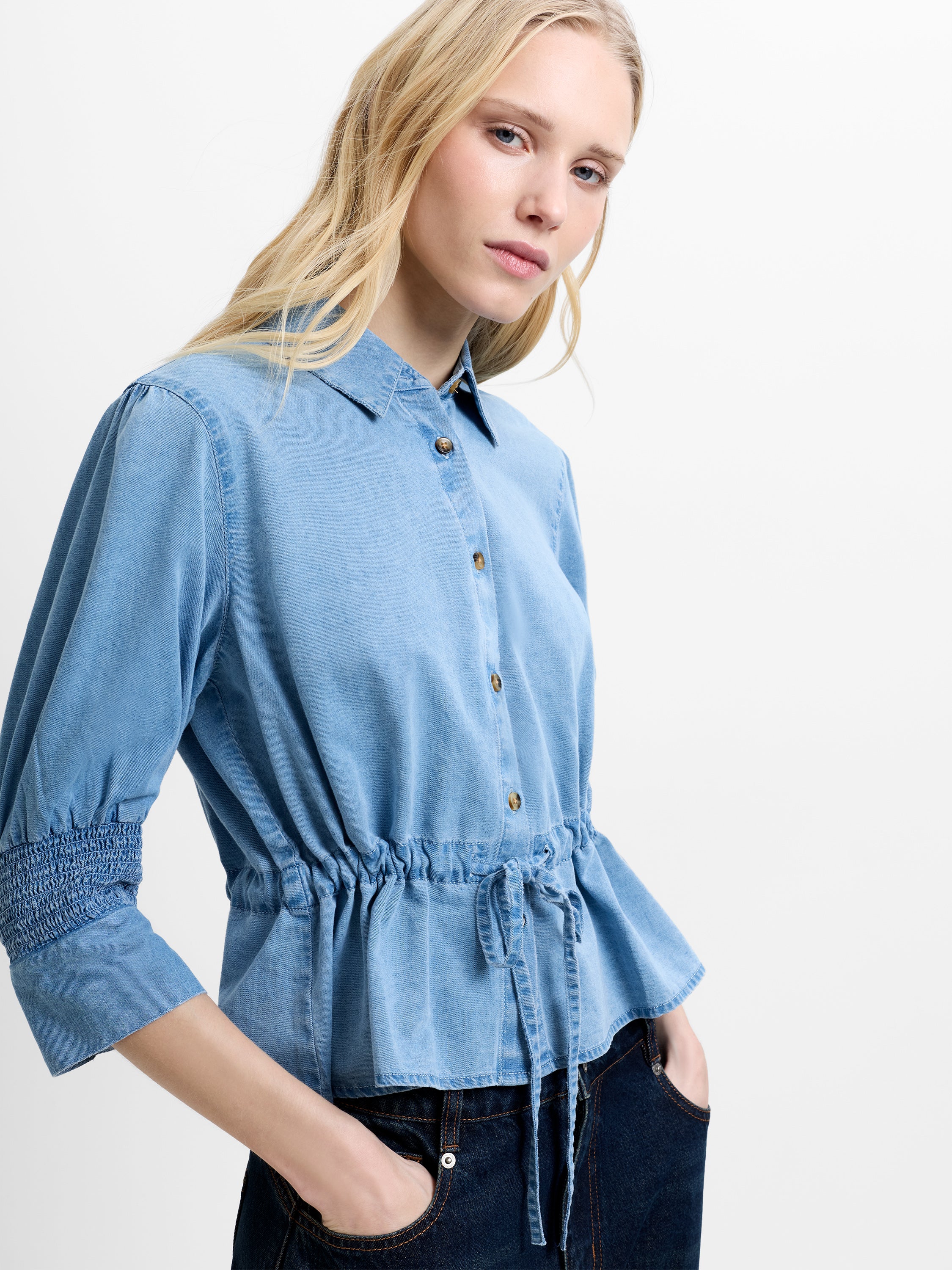 Zaves Chambray Denim Blue Drawstring Waist Top