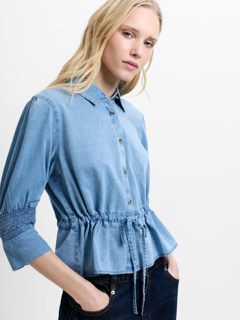 Zaves Chambray Denim Blue Drawstring Waist Top