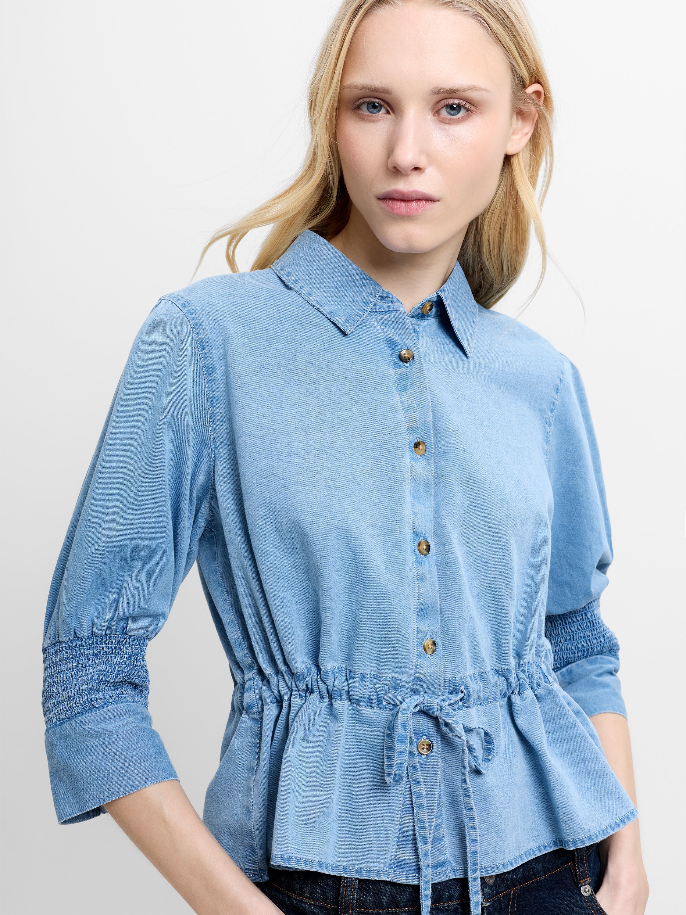 Zaves Chambray Denim Blue Drawstring Waist Top