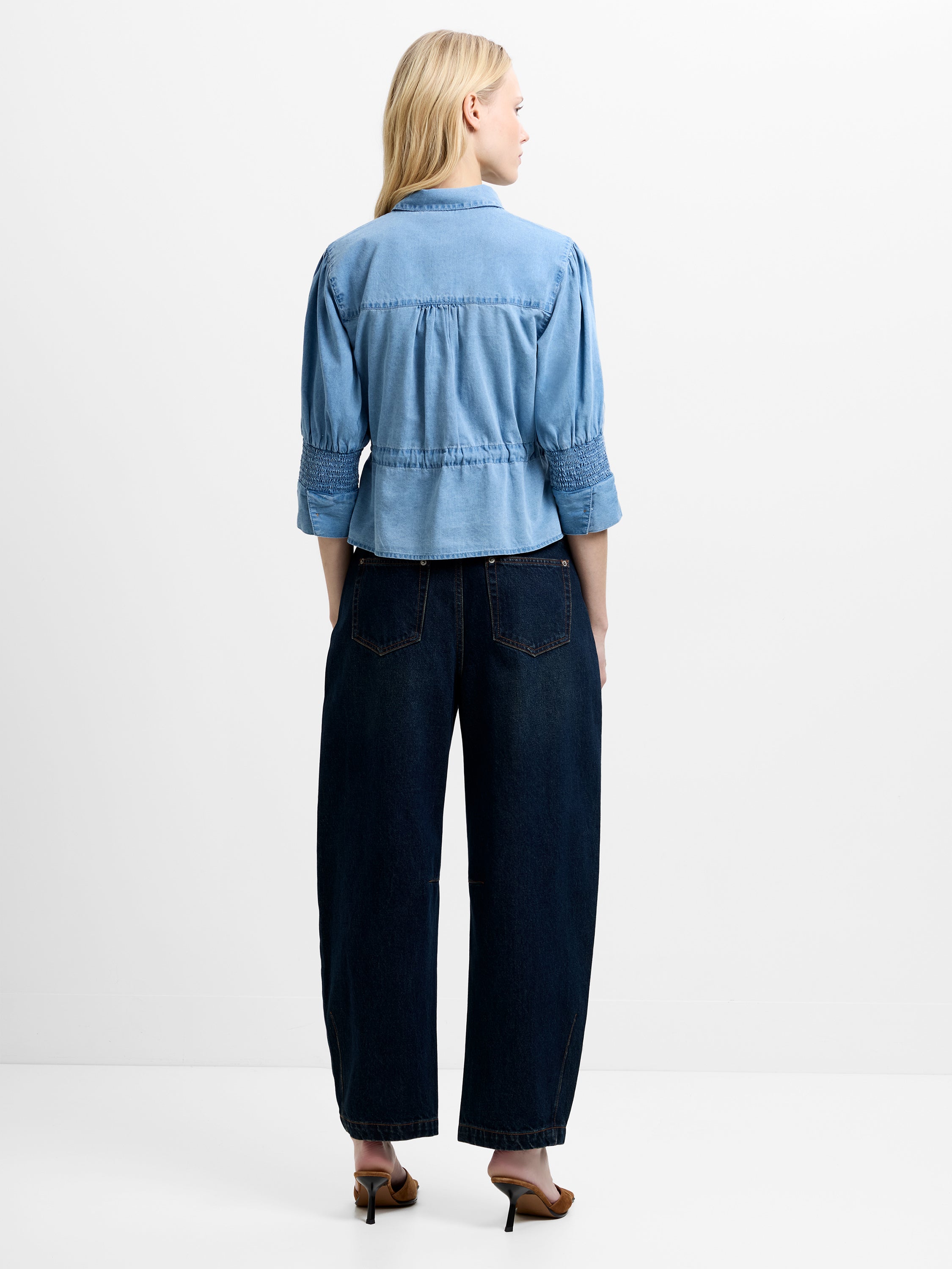 Zaves Chambray Denim Blue Drawstring Waist Top