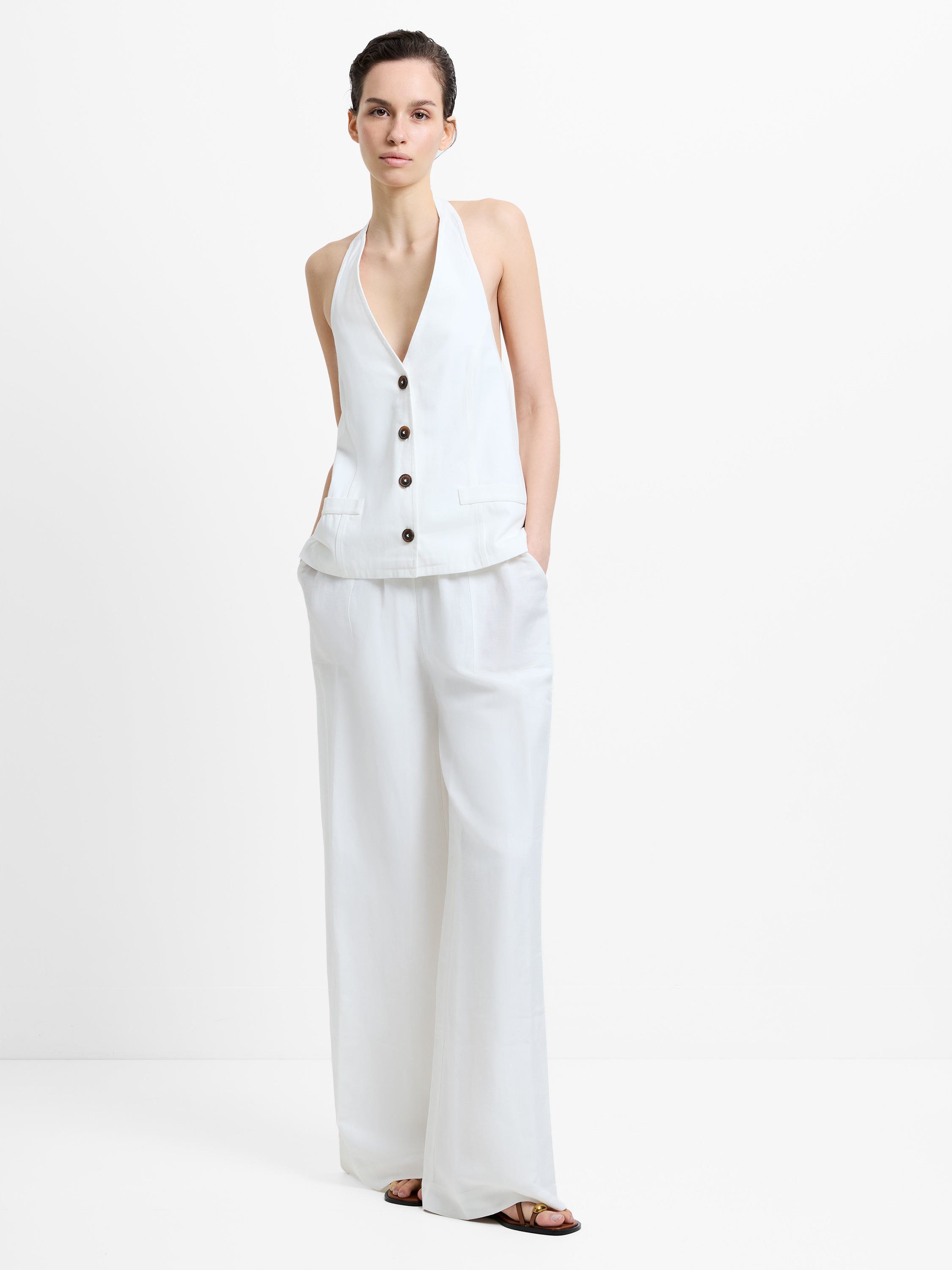 Keller Cotton Twill Button-Down White Halterneck Top