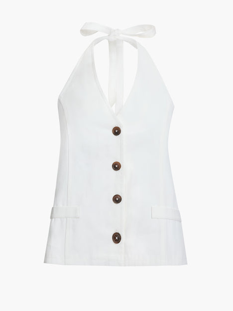 Keller Cotton Twill Button-Down White Halterneck Top