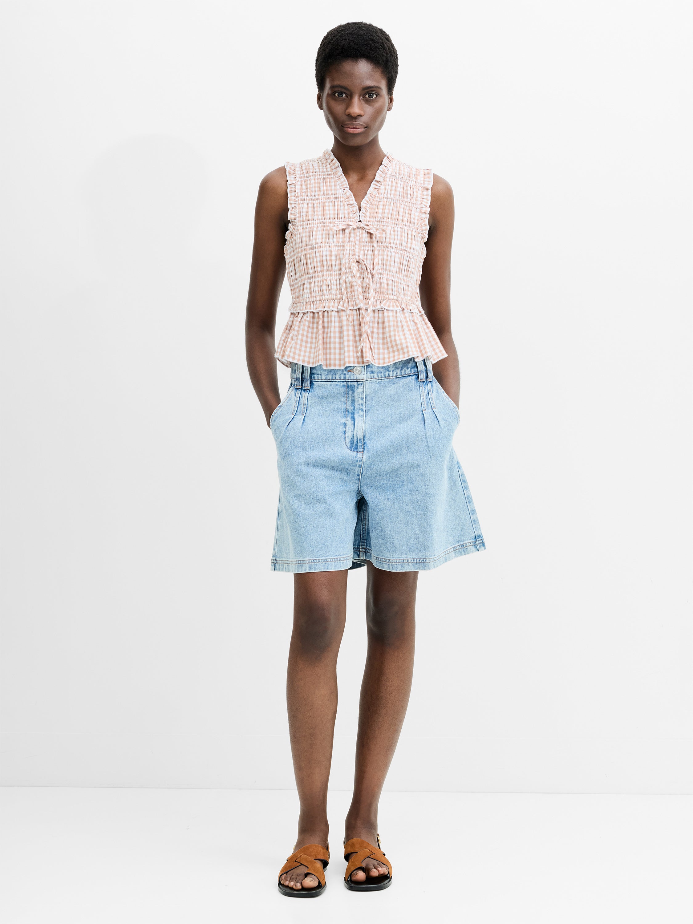 Rhodes Poplin Gingham Smocked Tie Up Peplum Top Petite Gingham In