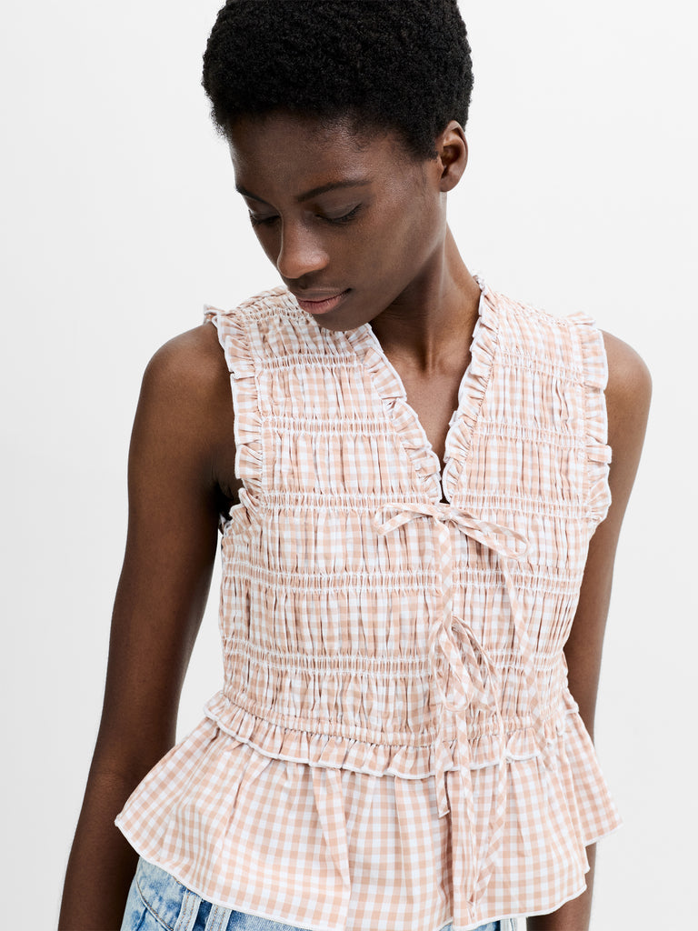 Rhodes Poplin Gingham Smocked Tie Up Peplum Top Petite Gingham In