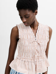 Rhodes Poplin Gingham Smocked Tie Up Peplum Top