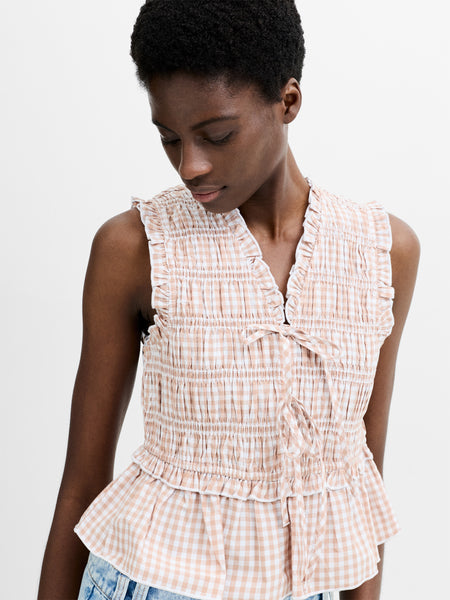 Rhodes Poplin Gingham Smocked Tie Up Peplum Top Petite Gingham In