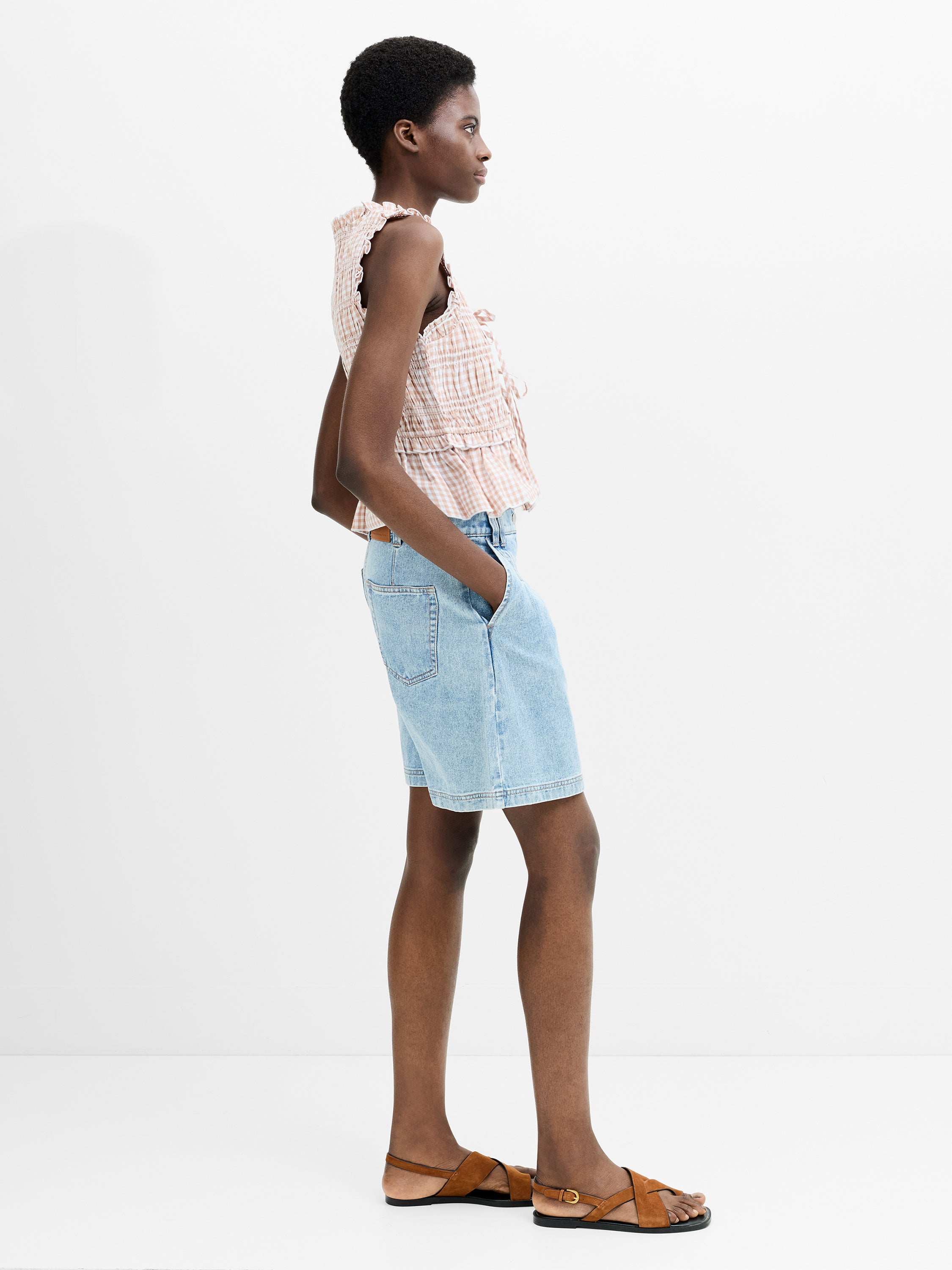 Rhodes Poplin Gingham Smocked Tie Up Peplum Top Petite Gingham In