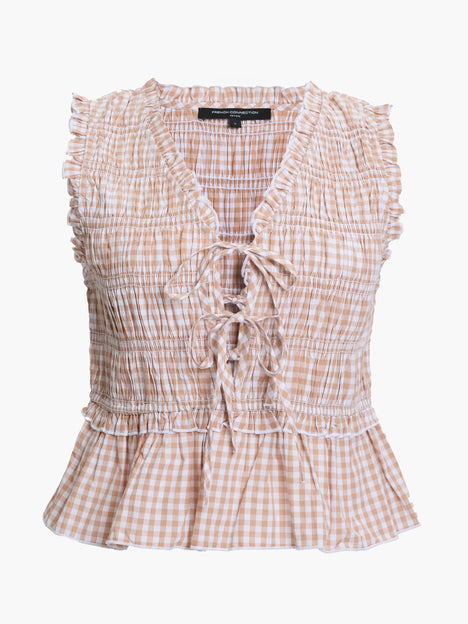 Rhodes Poplin Gingham Smocked Tie Up Peplum Top