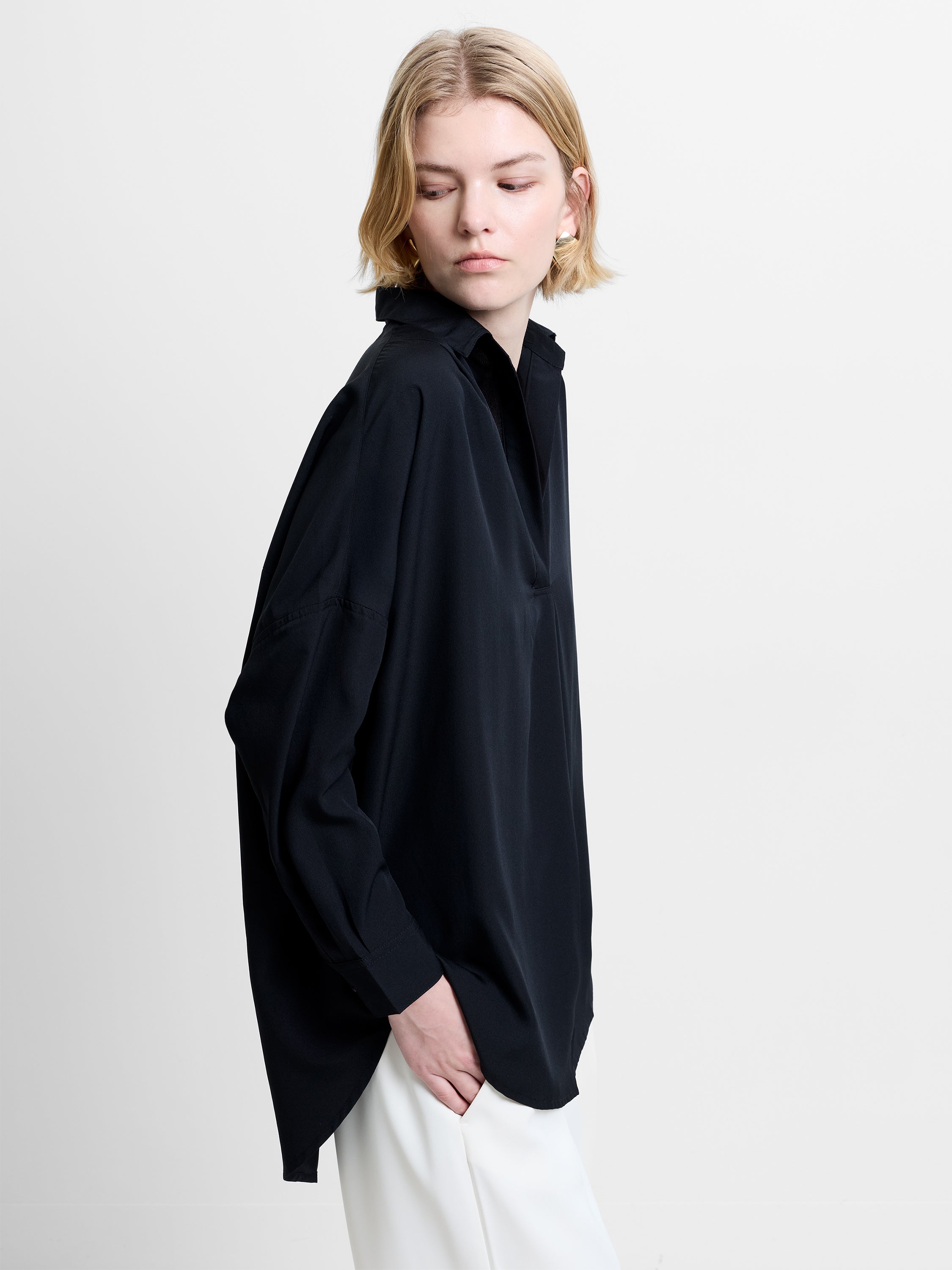 Rhodes Recycled Crepe Popover Shirt - Black | French Connection UK