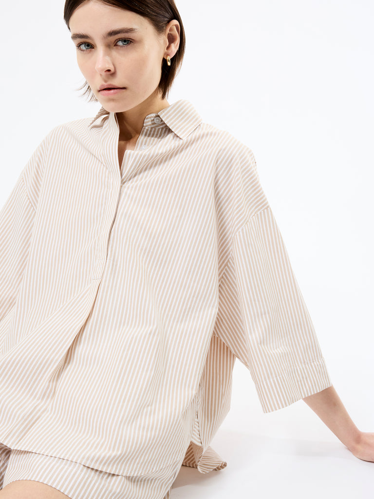 Rhodes Poplin Stripe Popover Shirt Incense/Porcelain Cream