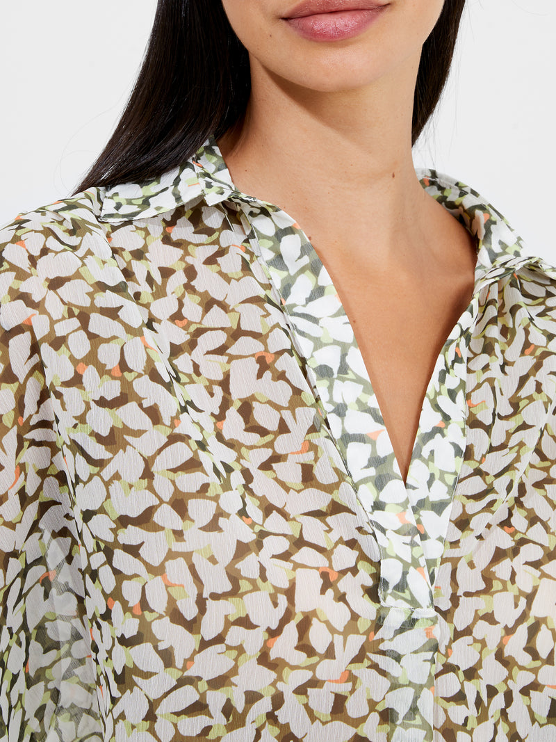 Vee Collar Print Popover Shirt Olive Green | French Connection UK