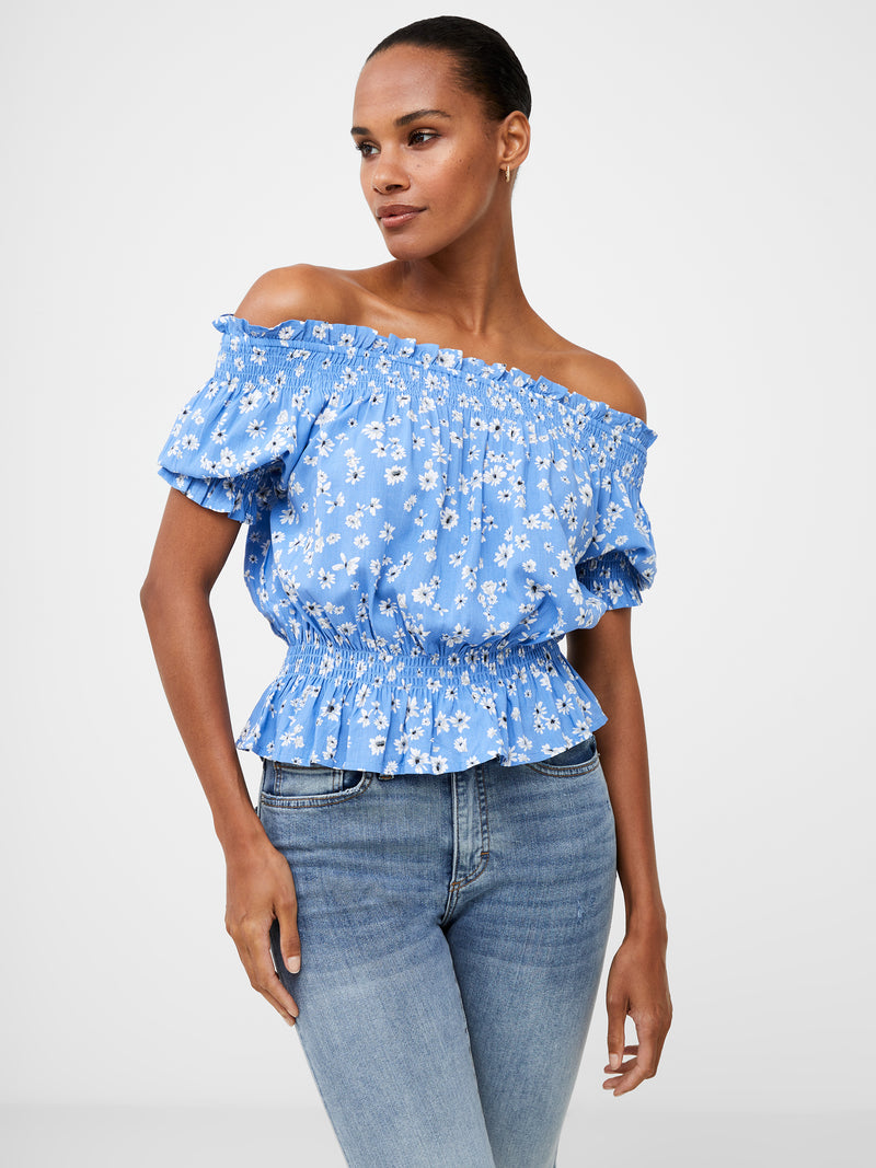 Shirred Bardot Top Tranquil Blue | French Connection UK