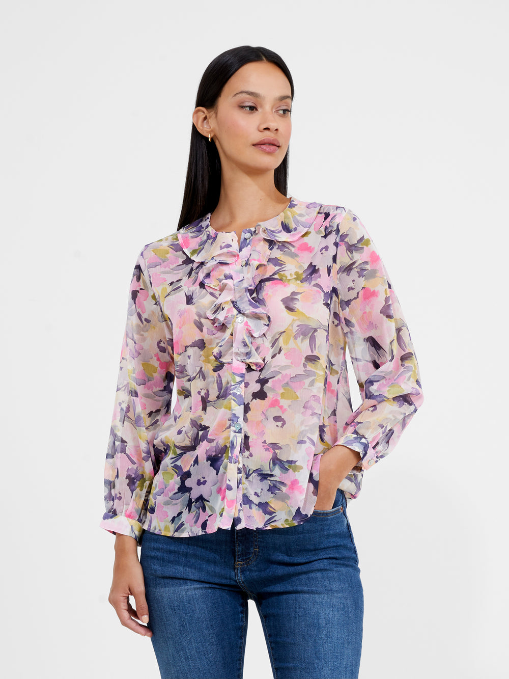Frill Henley Collar Shirt Pastel Pink | French Connection UK