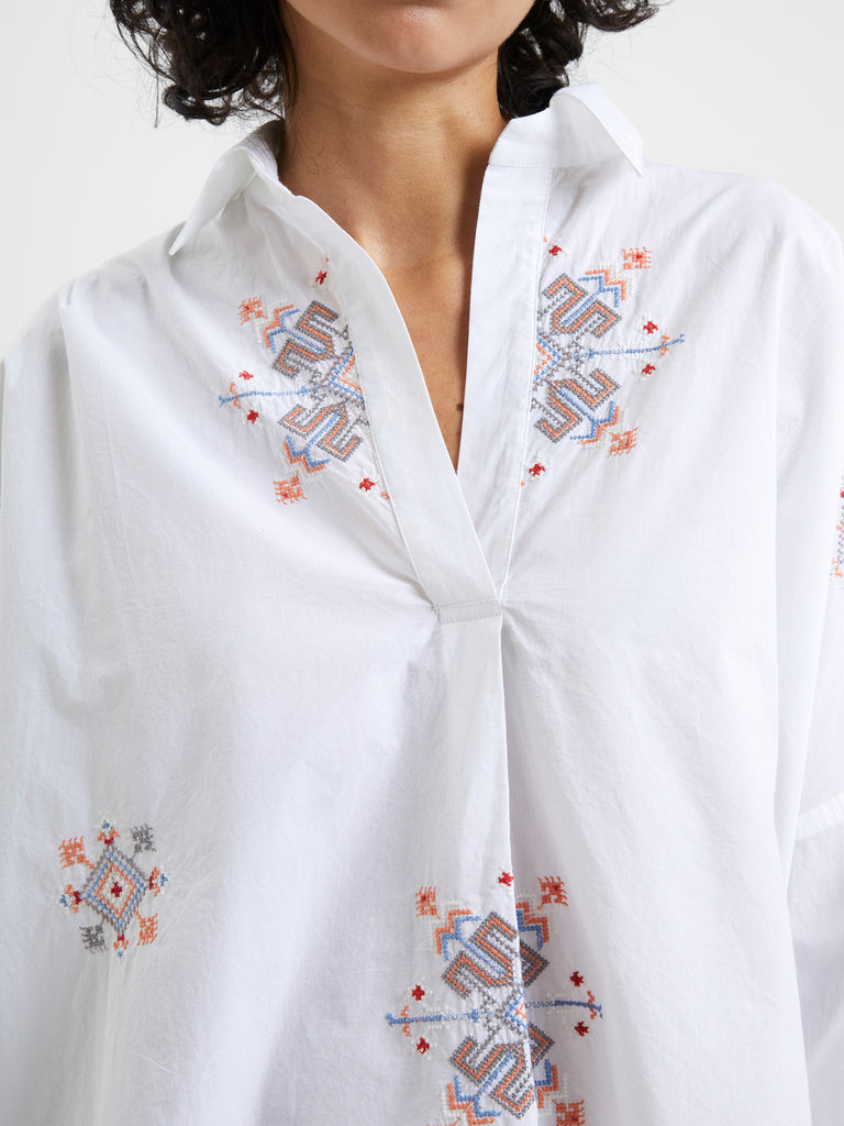 Embroidered Rhodes Popover Shirt Linen White | French Connection UK