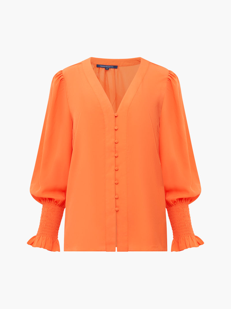 Crepe V-Neck Smocked Sleeve Blouse